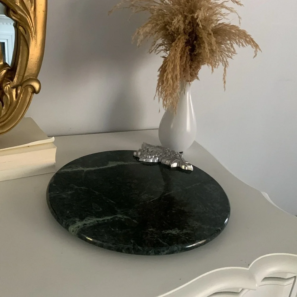 Green marble‎ round tray grapevine details home decor coffee table vintage